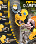 Electric Pruning Shears For DeWalt 20V Battery Compatibility cutting a branch, showing modes 22-61 mm, LCD display visible.