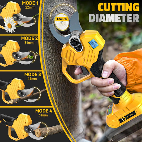 Electric Pruning Shears For DeWalt 20V Battery Compatibility cutting a branch, showing modes 22-61 mm, LCD display visible.
