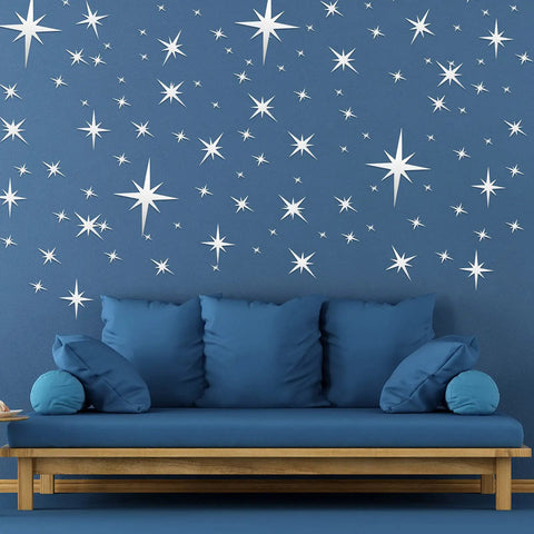 82 Piece 3D Acrylic Mirror Star Wall Stickers Set For Ceiling And Walls, dope removable silver decals on blue wall above sofa