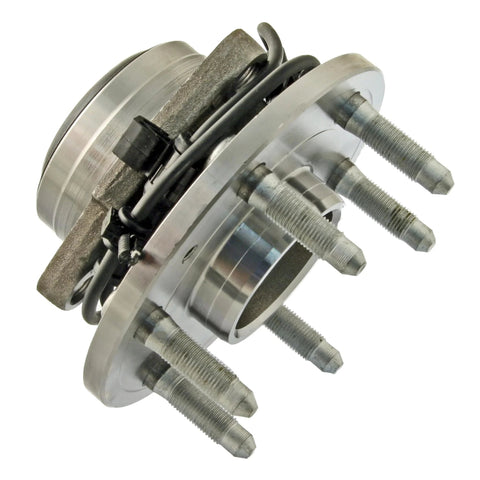 Side view of Wheel Hub And Bearing Assembly With Wheel Speed Sensor For Quiet Long Lasting Performance Built Tough With Multi Lip Seal Design High Carbon Steel Contaminant Shield Economical Replacement, showing bolts and sensor wire.