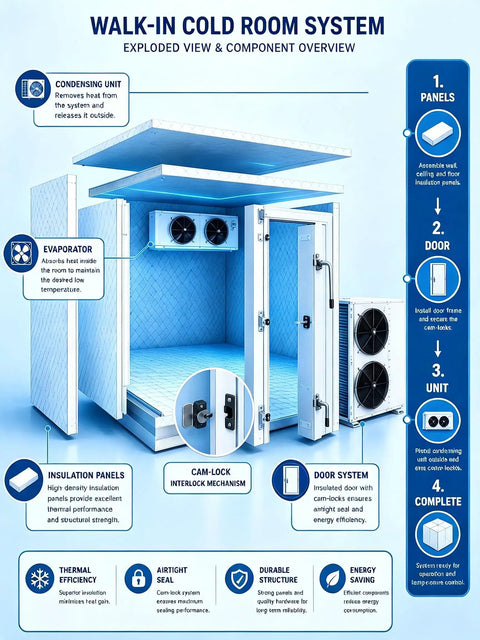Exploded view of Shop Grade Modular Walk In Cooler And Freezer Combo For Restaurant Food Storage Quick Snap Together Insulated Cold Room Kit.
