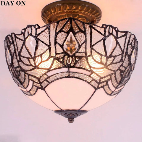 Crystal Bead Tiffany Style Glam Ceiling Light Fixture White Stained Glass Semi Flush Mount Lamp 12 Inch Wide 11 Inch High Antique Green Bronze Base Hardwired With 16 Inch Cord LED Ready day on view