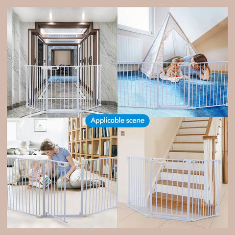 Extra Wide Baby Gate And Play Yard For Pets Or Kids, Adjustable From 35.8 To 78.74 Inches, 29 Inches Tall, in various home scenes
