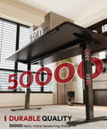 Electric Standing Desk With 71-Inch By 32-Inch Splice Board Desktop, showcasing durability with black frame in home office.