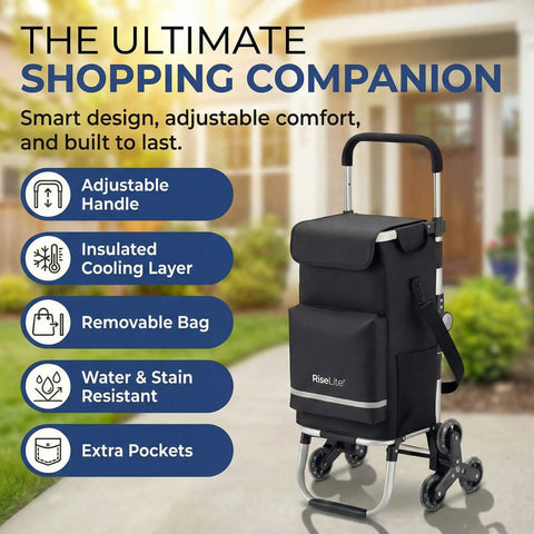 Grocery Cart That Climbs Stairs Foldable With 55L Cooler Pocket And 110 Lb Capacity, three-wheel design in front of house.
