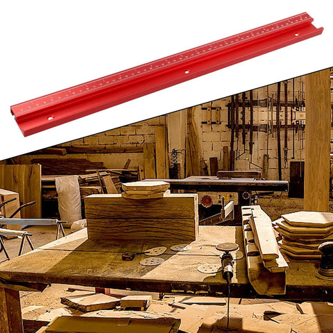 Red Aluminum Alloy 45 Degree T Track Miter Slot Fixture For Router Table And Table Saw Jig Guide placed on a woodworking table