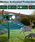 Solar Outdoor Animal Repeller 4 Pack Deer Squirrel Raccoon Cat Deterrent For Gardens And Lawns Keeps Rabbits Skunks Foxes Out Of Veg Patch Flower Beds And Yards, 110° sensor, 30 ft