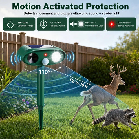 Solar Outdoor Animal Repeller 4 Pack Deer Squirrel Raccoon Cat Deterrent For Gardens And Lawns Keeps Rabbits Skunks Foxes Out Of Veg Patch Flower Beds And Yards, 110° sensor, 30 ft