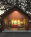 Gooseneck Barn Light With Dusk To Dawn Sensor Outdoor Wall Sconce illuminating a red garage exterior at dusk with a motorcycle inside