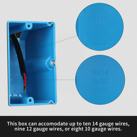 Close-up of blue Six Pack One Gang PVC Electrical Box for Switches and Outlets showing wire capacity markings.