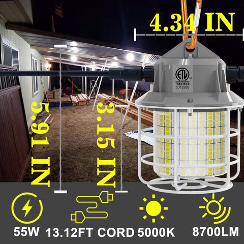 Heavy-Duty Linkable LED Work Light With 8700 Lumen Output And 500W Equivalent hanging outdoors at night