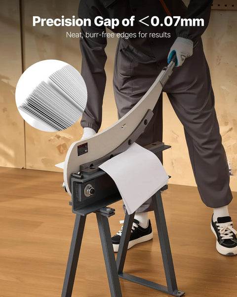 Person using 20 Inch Guillotine Shear Benchtop Cutter Manual Plate Shear For Metal Sheet Processing Pro Grade Heavy Duty Stand Included For Aluminum Steel Copper Plastic And PCB Boards.