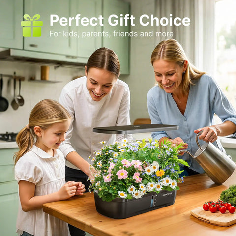 Family enjoying Indoor Hydroponic Garden System Kit With 12 Pods And 20W LED Grow Light on kitchen counter, flowers growing.