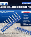 1 Inch Plastic Collated Concrete Pins 1000 Pack 12 Gauge Made For Tough As Nails Masonry Fastening With Galvanized Finish And Strong No 60 Steel Core For Superior Durability In Harsh Worksites.