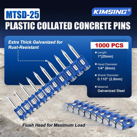 1 Inch Plastic Collated Concrete Pins 1000 Pack 12 Gauge Made For Tough As Nails Masonry Fastening With Galvanized Finish And Strong No 60 Steel Core For Superior Durability In Harsh Worksites.