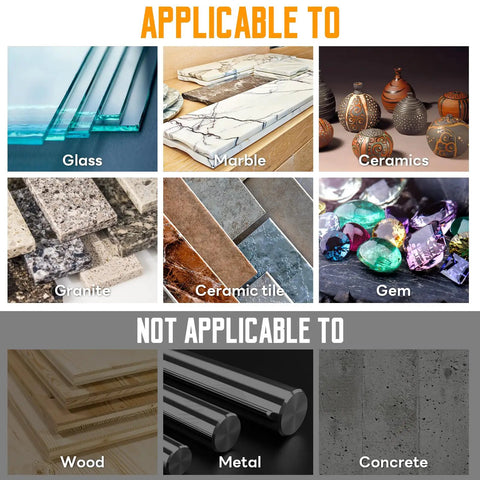 Image showing surfaces applicable and not applicable for Four Piece Dry Diamond Drill Bits Set For Tile Porcelain Ceramic Stone Glass Granite Marble 6mm Diamond Hole Saw Core Bits With Round Shank Not For Wood.