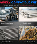 Various steel bars, including 5/8-inch and 7/8-inch types, compatible with Heavy Duty 1400W Electric Rebar Bender.