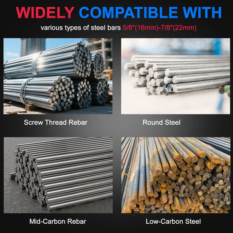 Various steel bars, including 5/8-inch and 7/8-inch types, compatible with Heavy Duty 1400W Electric Rebar Bender.
