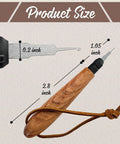 Ergonomic Wooden Needle Threader With Extended Stainless Hook for Medium and Large Needles showing product size and measurements
