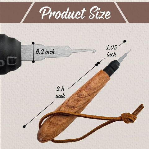Ergonomic Wooden Needle Threader With Extended Stainless Hook for Medium and Large Needles showing product size and measurements