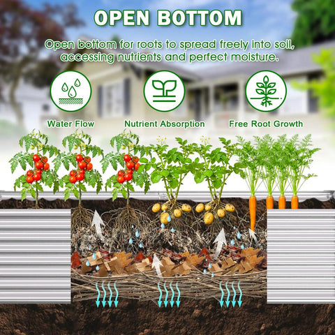 Cross-section view showing Tall Galvanized Raised Garden Bed Kit For Outdoor Patio 6x3x2ft Deep Root Planter Boxes with open bottom drainage.