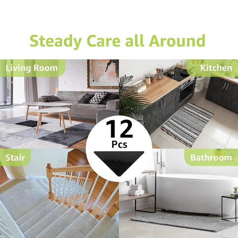 Collage of living room, kitchen, stairs, and bathroom with 12 Pcs Rug Tape Set With Non Slip Triangle Grippers.