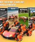 QPOU 8-Wheel RC stunt car toys, front view with orange glowing wheels and LED lights
