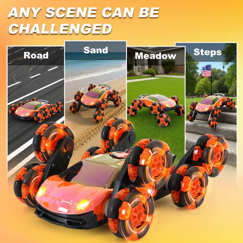 QPOU 8-Wheel RC stunt car toys, front view with orange glowing wheels and LED lights