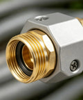 Premium Garden Hose Repair Kit With Extra Aluminum Connectors And Stainless Steel Clamps For 3/4 And 5/8 Inch Water Hoses That Stop Leaks Fast And Keep Your Outdoor Setup Running Smooth All Summer Long Without Breaking The Bank Or Dealing With Flimsy. Close-up brass hose connector and aluminum clamp