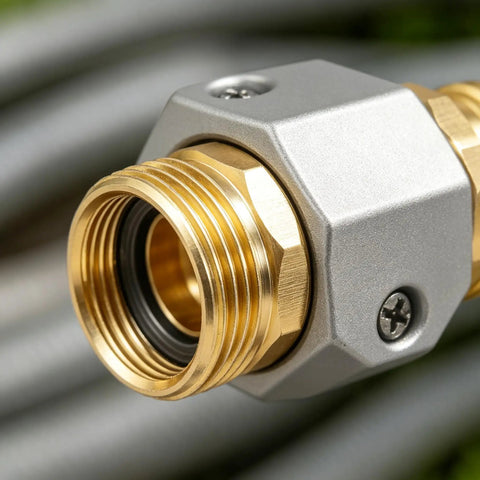 Premium Garden Hose Repair Kit With Extra Aluminum Connectors And Stainless Steel Clamps For 3/4 And 5/8 Inch Water Hoses That Stop Leaks Fast And Keep Your Outdoor Setup Running Smooth All Summer Long Without Breaking The Bank Or Dealing With Flimsy. Close-up brass hose connector and aluminum clamp