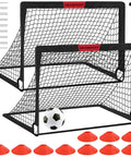 Two 4x3 Ft Portable Pop Up Soccer Goals Backyard Training Set With Ball Pump Cones Ground Nails And Carry Bag For Kid Friendly Outdoor Play And Youth Soccer Practice Kit, showing goals, ball, cones, nails and pump.