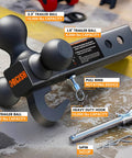 360 Degree Swivel Tri-Ball Trailer Hitch Mount For 2 Inch Receiver With Hook And Pin No-Fuss Ball Mount Adjustment Without Disassembly Heavy Duty Tow Accessory For Easier Towing And Versatile Fits, 3 balls with pin and clip