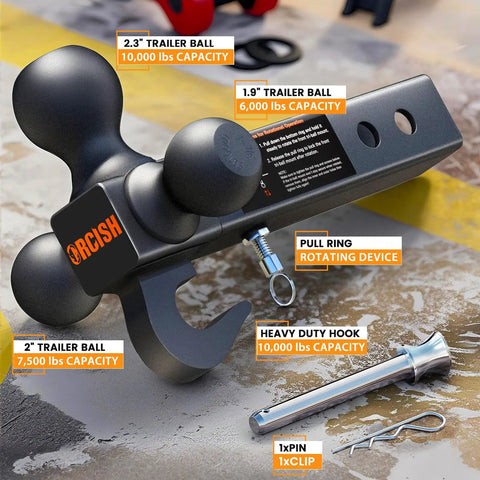 360 Degree Swivel Tri-Ball Trailer Hitch Mount For 2 Inch Receiver With Hook And Pin No-Fuss Ball Mount Adjustment Without Disassembly Heavy Duty Tow Accessory For Easier Towing And Versatile Fits, 3 balls with pin and clip