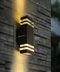 12.8 Inch LED Outdoor Rectangle Wall Sconce Light Two Pack Dope Black Exterior Flood Light With IP65 Waterproof 2700K Warm White Up And Down Lighting For Porch Patio Garage mounted on a brick wall