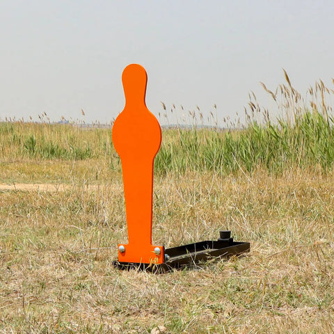Durable 28 Inch AR500 Auto Reset Popper Target in orange, 3/8 inch thick steel, for backyard shooting range on grass.