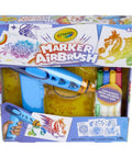 Rad Battery Powered Airbrush Marker Spray Craft Kit Smooth Glide Washable Ink Pens Plus Five Reusable Design Stencils Vibes package with colorful airbrush.