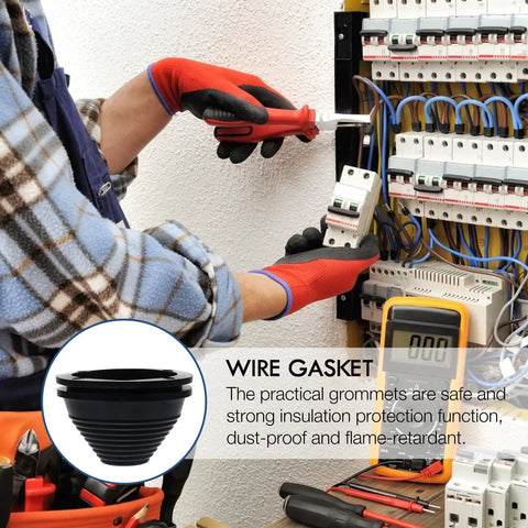 Shaped Wire Gasket Kit With Black Synthetic Rubber Grommets For Insulated Wire Pass Throughs Flame Retardant Built Tough Grommet Caps Ideal For Frames Sheet Metal And Equipment Wiring, installed in electrical panel