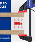 Side view of Six Inch Mini Bar Clamps Set Two Pack For Woodworking, One Handed Clamp And Spreader, Light Duty F Clamp With Screw Release, showing holding capacity up to 50 pounds.
