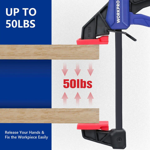 Side view of Six Inch Mini Bar Clamps Set Two Pack For Woodworking, One Handed Clamp And Spreader, Light Duty F Clamp With Screw Release, showing holding capacity up to 50 pounds.