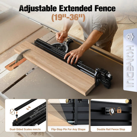 Dead Accurate Miter Gauge For Table Saws With 36 Inch Extended Fence And Full Range Locking Negative 70 To Positive 70 Degrees in use on a table saw.