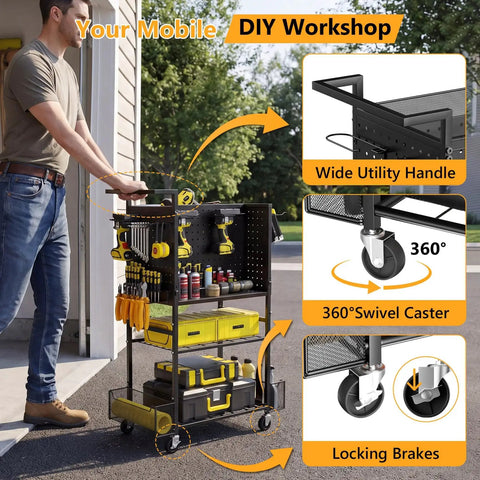 Heavy Duty Four Tier Metal Rolling Tool Cart With Pegboard And Storage Baskets For Garage And Shop Use Mobile Tool Organizer