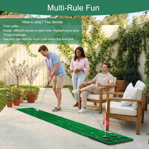 Outdoor scene with Indoor Golf Putting Mat With Premium Velvet Surface And Anti Slip Base For Stable, Realistic Rolls; Perfect Home Practice And Party Game.