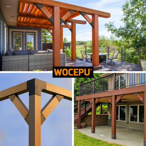 4 Pack 45 Degree Angle Support Brackets for 4x6 Pergolas Gazebos Decks and Cabins installed, frosted black powder coated, outdoor use
