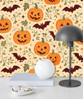Halloween Botanical Peel And Stick Wallpaper Self Adhesive Removable Wall Decor Large Roll Easy Peasy Diy Room Glow Up With Dope Seasonal Vibes Covers 14 Square Feet with pumpkins and bats.