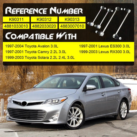 4Pcs Front And Rear Stabilizer Sway Bar End Link Kit Fits 1997-2004 Toyota Avalon, 1997-2001 Camry, 1999-2003 Solara diagram and vehicle image