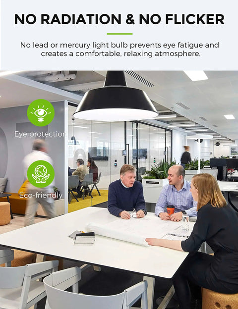 Office setting with A19 LED Light Bulbs 150W Equivalent 17W 5000K Daylight White 1600 Lumen Energy Efficient UL Listed E26 Base Non Dimmable