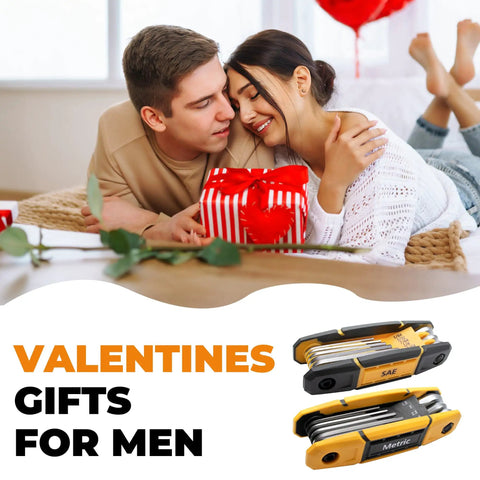 Couple with gift and 17-Piece Folding Allen Wrench Set With Metric And SAE Hex Tools For Tight Spaces shown as Valentine's gift idea
