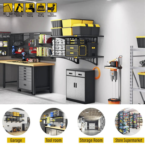 2x3ft Adjustable Rail Wall Mounted Garage Storage Shelf Set for Tool Room and Storage Areas with heavy duty steel frame, installed in garage