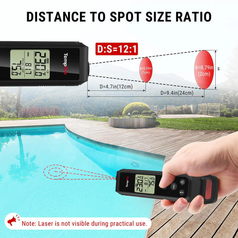 Demonstrating 2-in-1 Infrared And Meat Probe Instant Read Thermometer For Cooking, distance to spot size ratio by a pool