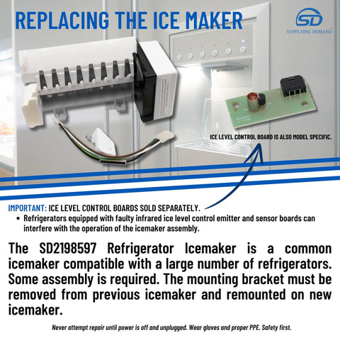 Beefed Up Eight Cube Ice Maker Assembly Replacement for Refrigerator Freezer, W10190960 W10757851 control board, model-specific.